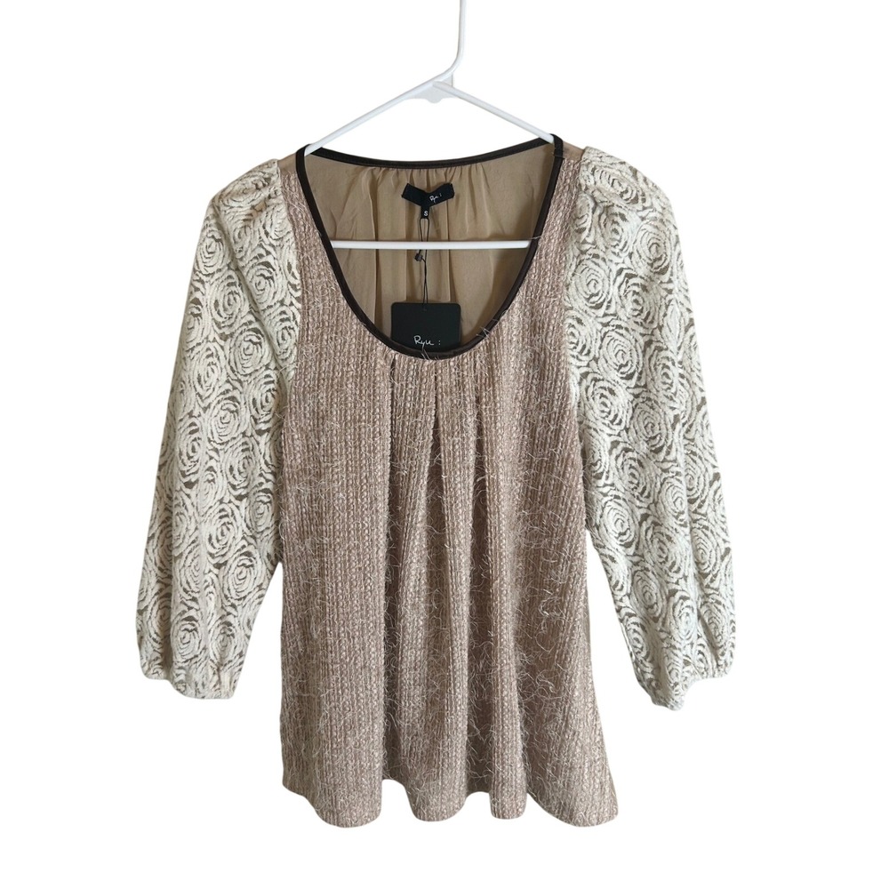 Ryu Blouse Womens Small Tan Lace Eyelash Texture Sheer Back RT5606-F13